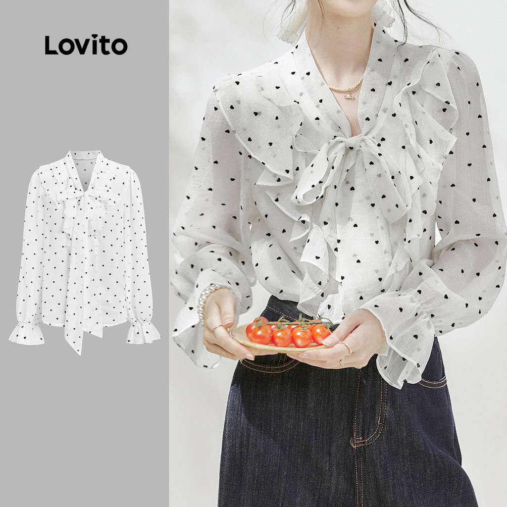 Lovito Áo sơ mi thoải mái ren dây buộc thu/đông áo sơ mi đen trắng cho phụ nữ L159AD190