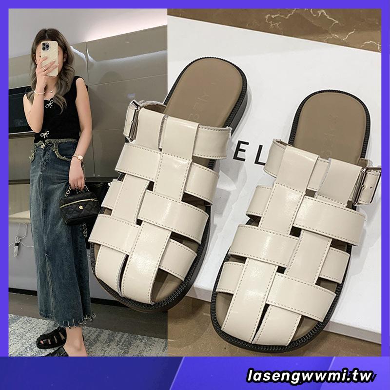 Xăng đan nữ hở mũi dệt cổ điển & 3 9; s, Giày đi biển đế bệt phong cách La Mã