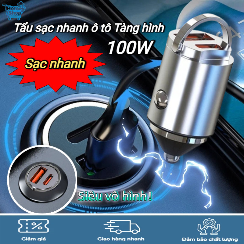 Tẩu Sạc Nhanh Ô Tô 100W Thiết Kế Tàng Hình,Giao diện USB + Type-C,Tương Thích Mọi Dòng Xe, Chất Liệu