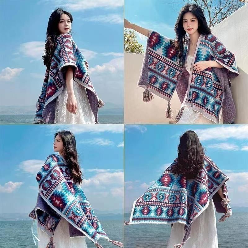 Áo khoác retro boho dân tộc ấm áp với khăn choàng - Style Tứ Xuyên Vân Nam