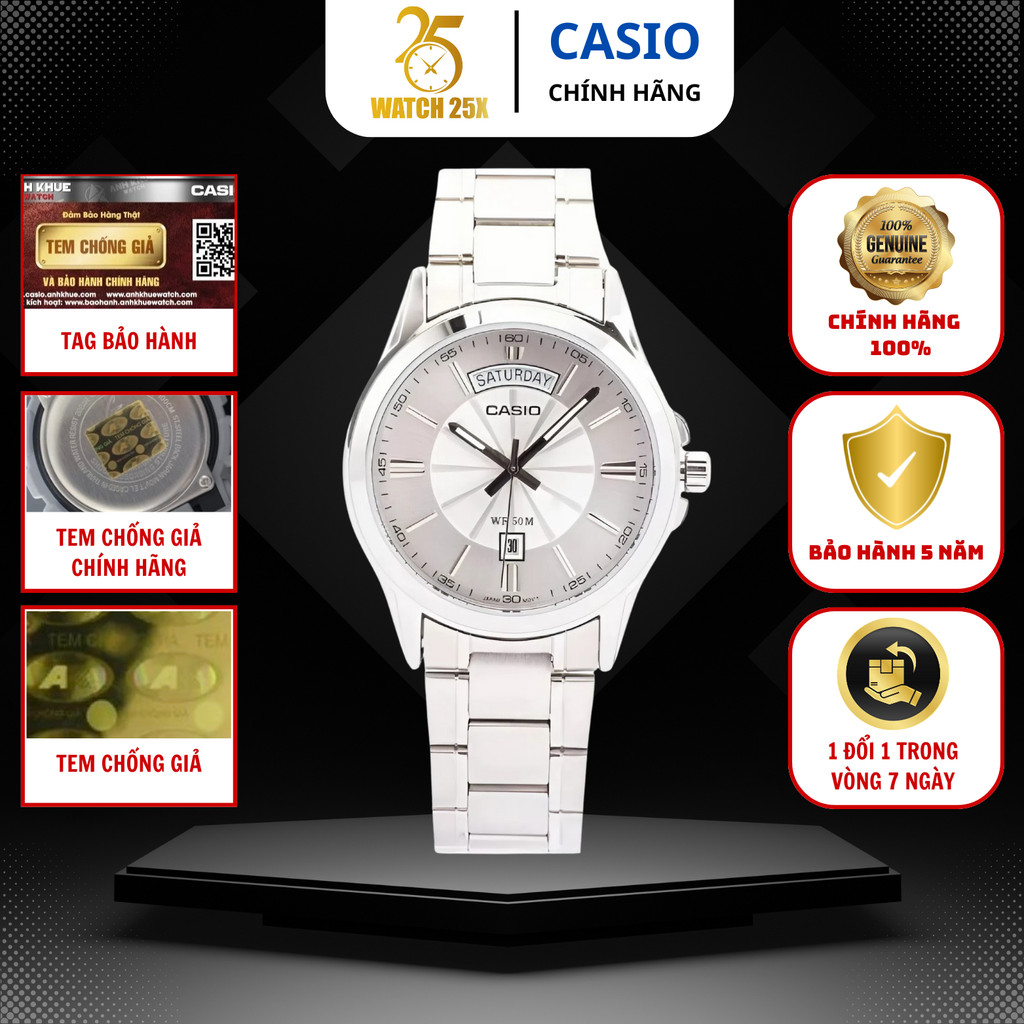 Đồng Hồ Casio Nam MTP-1381D-7AVDF Watch25x Dây Kim Loại Bạc Lịch Thứ Ngày 40mm.