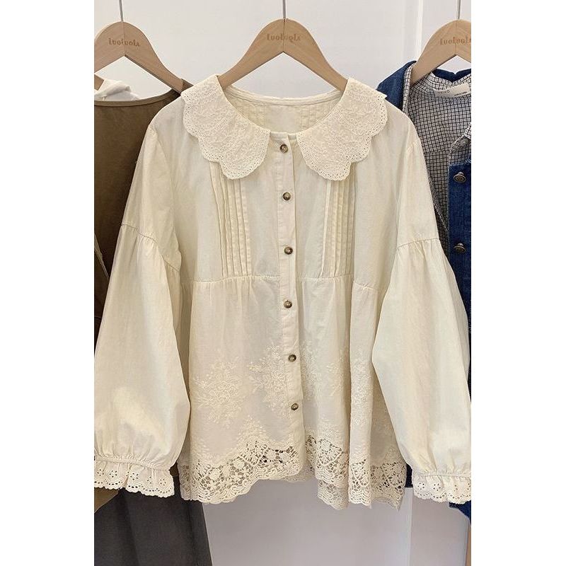 Ao sơ mi nữ ren thêu phong cách retro Mori ngọt ngào, size cực lớn phù hợp xu hướng mới 2022 từ QF S