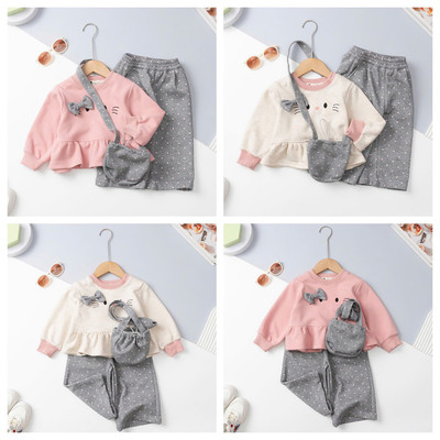 Set 3 chi tiết, Bộ nỉ dài tay thu đông bé gái kèm túi đeo LITIBABY Size 2 đến 7 tuổi