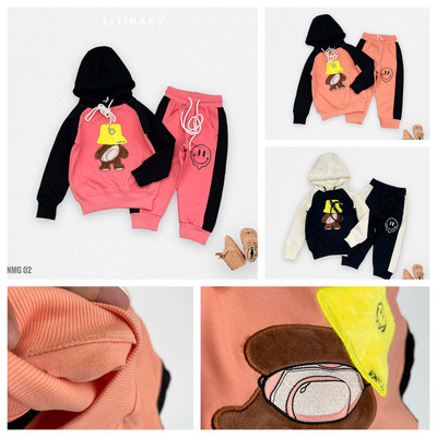 Bộ thu đông ấm, Bộ nỉ da cá LITIBABY dáng hoodie hình gấu đội mũ size 2-8 tuổi