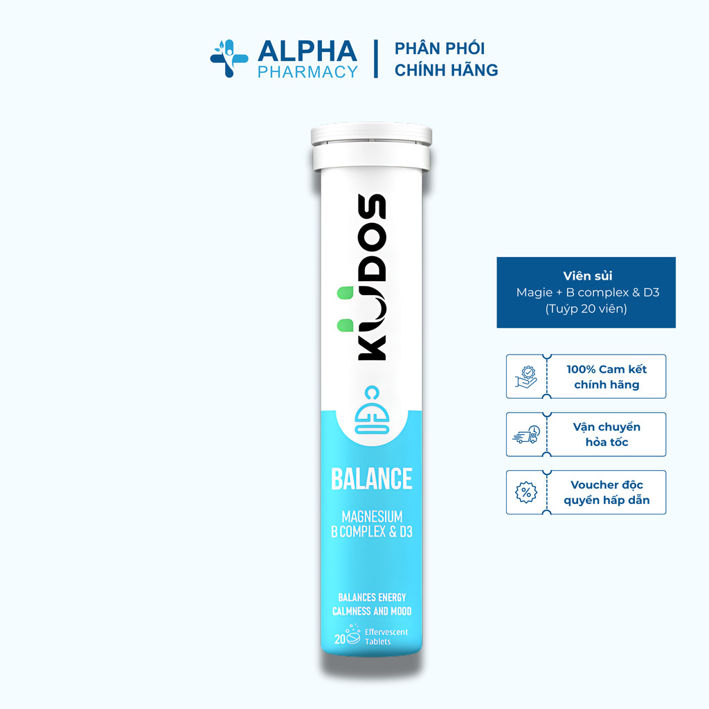 Viên Sủi Hỗ Trợ Giảm Căng Thẳng Kudos Balance Magie + B Complex & D3 (Tuýp 20 Viên)