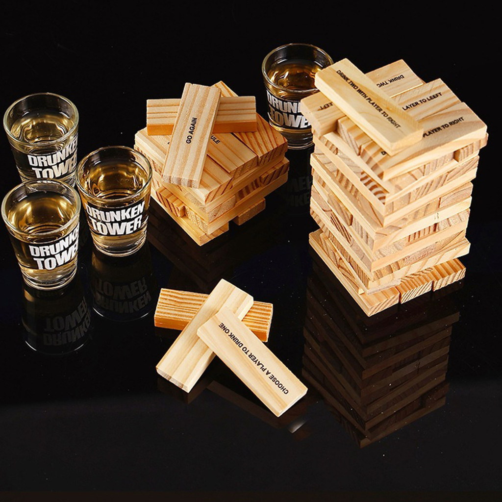 Bộ trò chơi uống nước Jenga bằng gỗ với 60 khối in và 4 cốc bắn cho bữa tiệc vui nhộn dành cho người