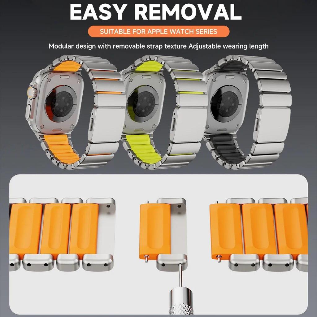 Dây đeo khóa từ tính titan + silicon cho Apple Watch Series 11 10 9 8 Dây kim loại nhẹ hai tông cho 