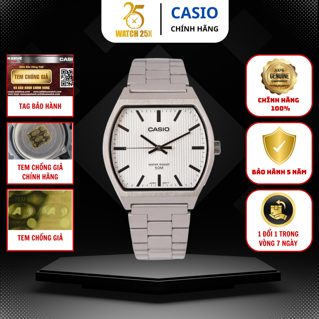 Đồng Hồ Watch25x Casio Nam Quartz MTP-B140D-7A Mặt Chữ Nhật Dây Thép Không Gỉ Công Sở Sang Trọng