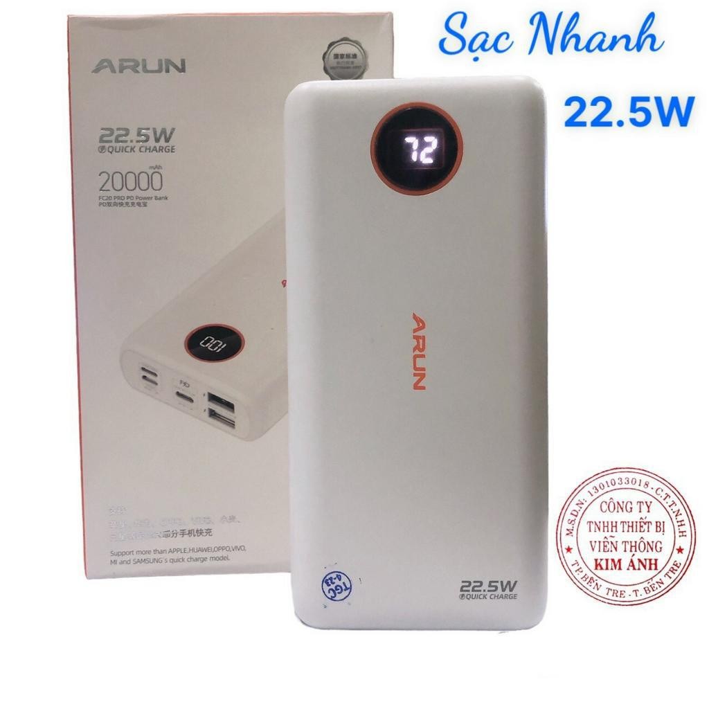 Pin Sạc Dự Phòng Arun FC20P Pro 20000 mAh (PD 22.5W, QC3.0) Sạc Nhanh 2 Chiều Type C, Hàng chính hãn