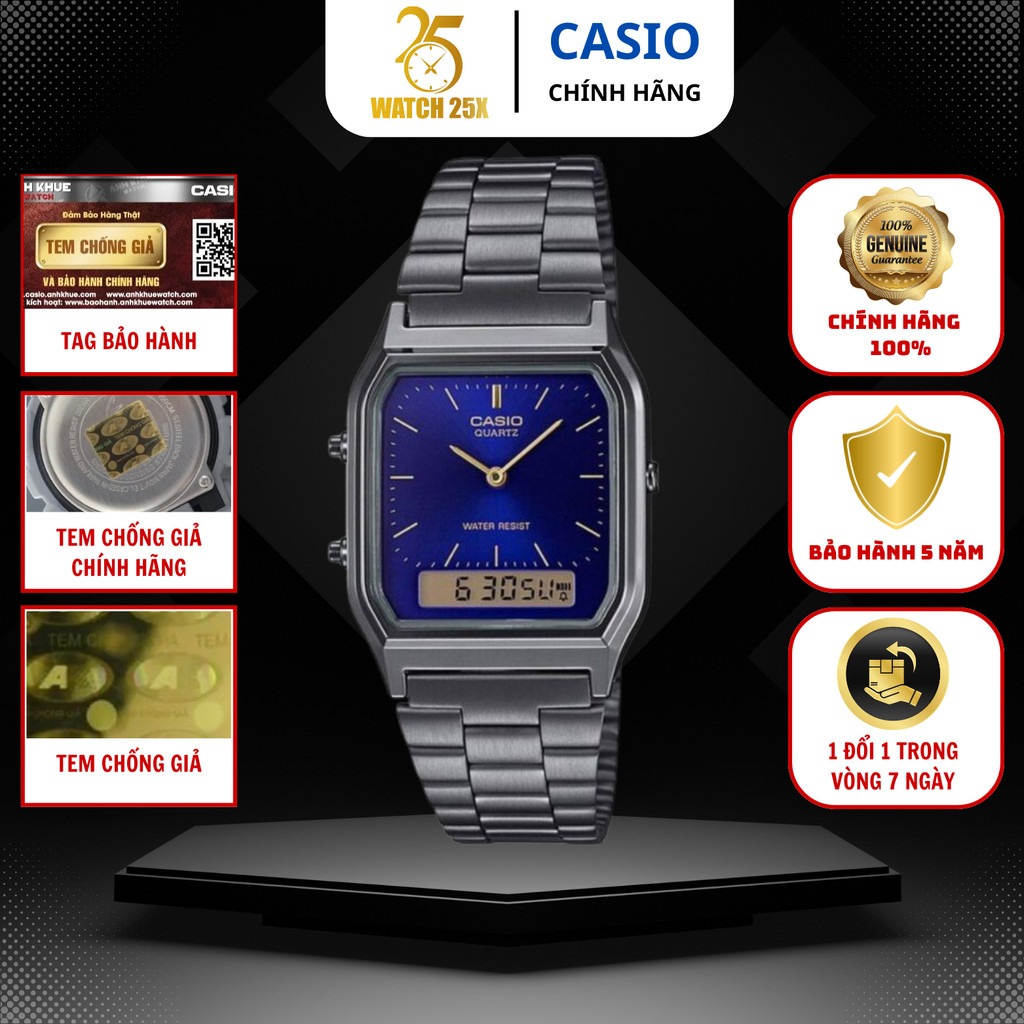 Đồng Hồ Casio AQ-230GG-2ADF Watch25x Unisex Retro, Dây Bạc, Mặt Vuông, Pin Quartz, Kim Số Đa Năng