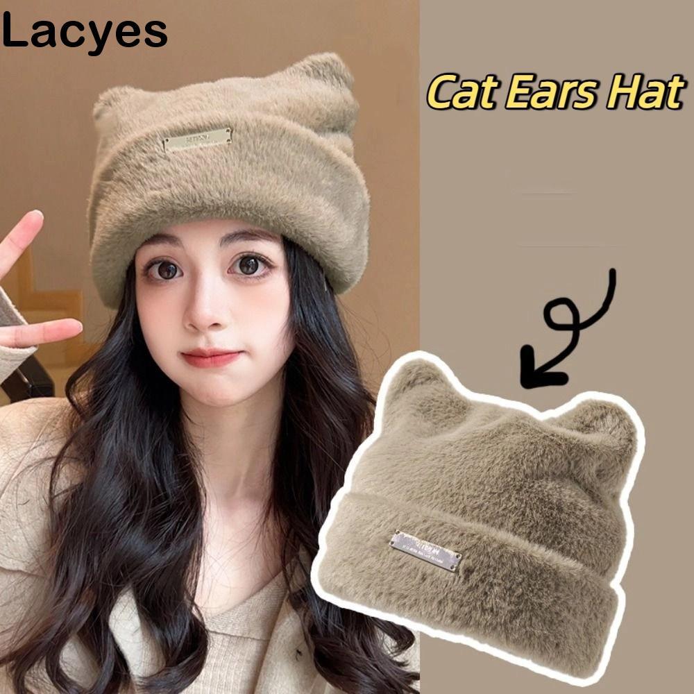Mũ tai mèo LACYES, Mũ dệt kim len chồn giả lông tơ, Tai gấu cá tính Mũ len Beanie Mũ len mùa đông sa
