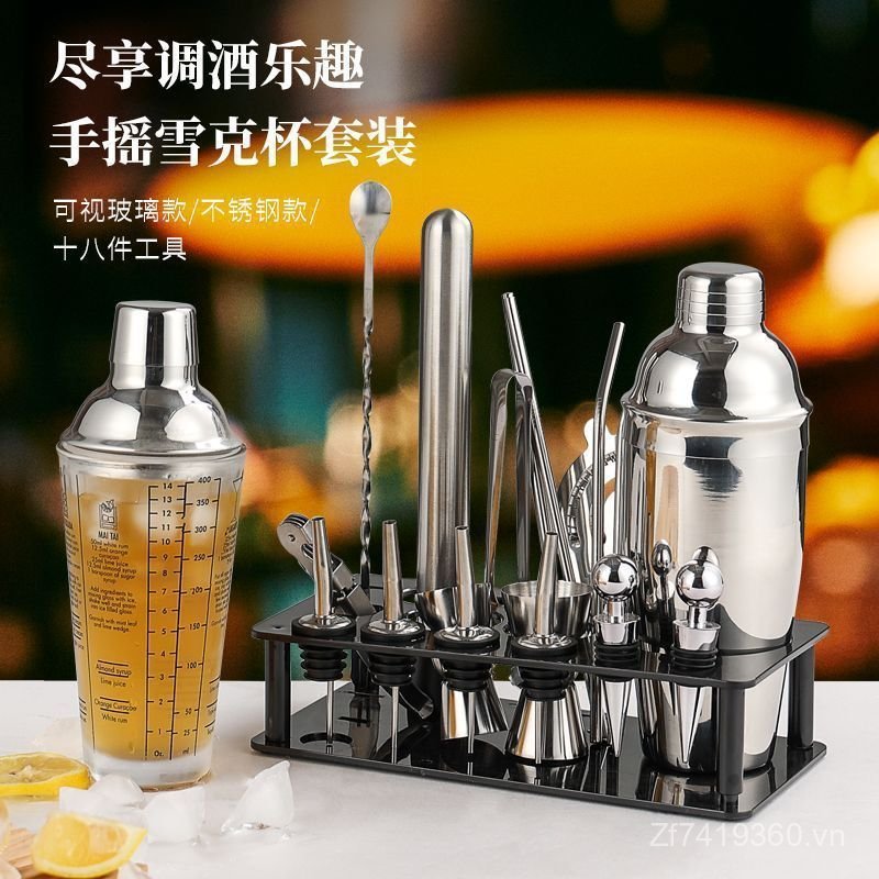 Bình Cocktail Bartender Bar Starter Shaker Set Shaker Cup Set Shaker Hand-Crank Glass Tool Thép khôn