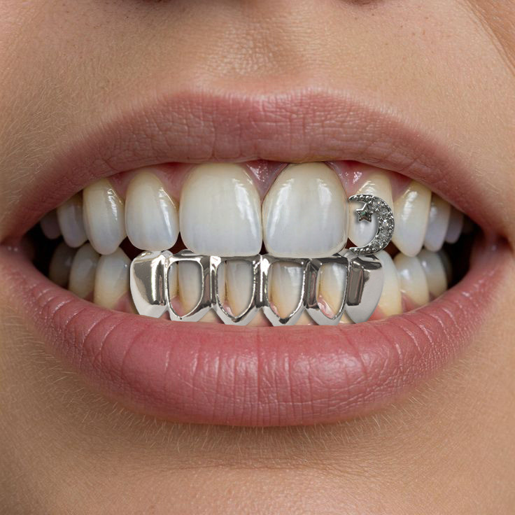 Hip Hop Vui Vẻ Zircon Niềng Răng Mặt Trăng Ngôi Sao Rỗng Bộ Đảng Đường Phố Hàng Ngày grillz Nam Nữ R