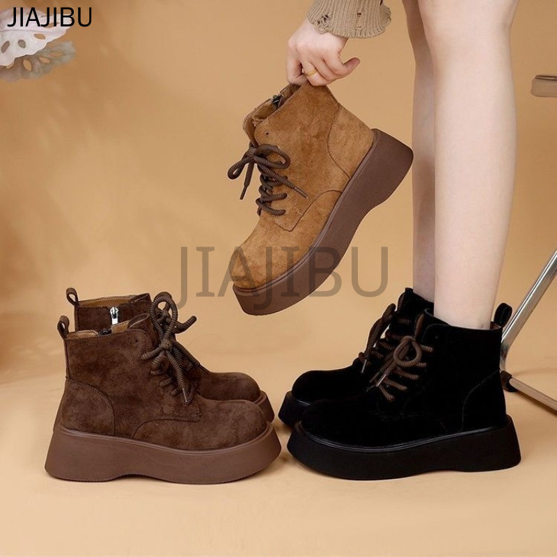 Size 35-43 Giày Bốt Chelsea Buộc Dây Bằng Da Lộn Màu Đen/nâu/kaki Mũi Tròn Chống Trượt Phong Cách An