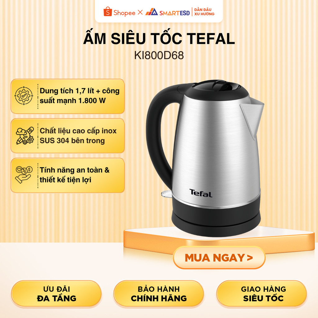 Ấm siêu tốc Tefal KI800D68 - Dung tích 1.7 lít - Công suất 1800W - Đề xoay 360 độ - Bảo hành 2 năm