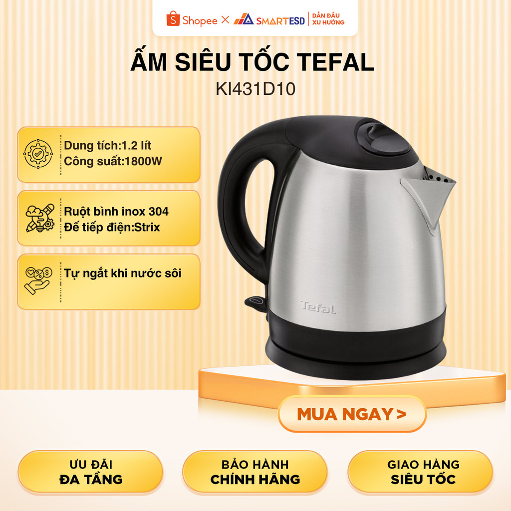 Ấm siêu tốc Tefal KI431D10 - Dung tích 1.2 Lít - Công suất 1800W - Đế Strix xoay 360