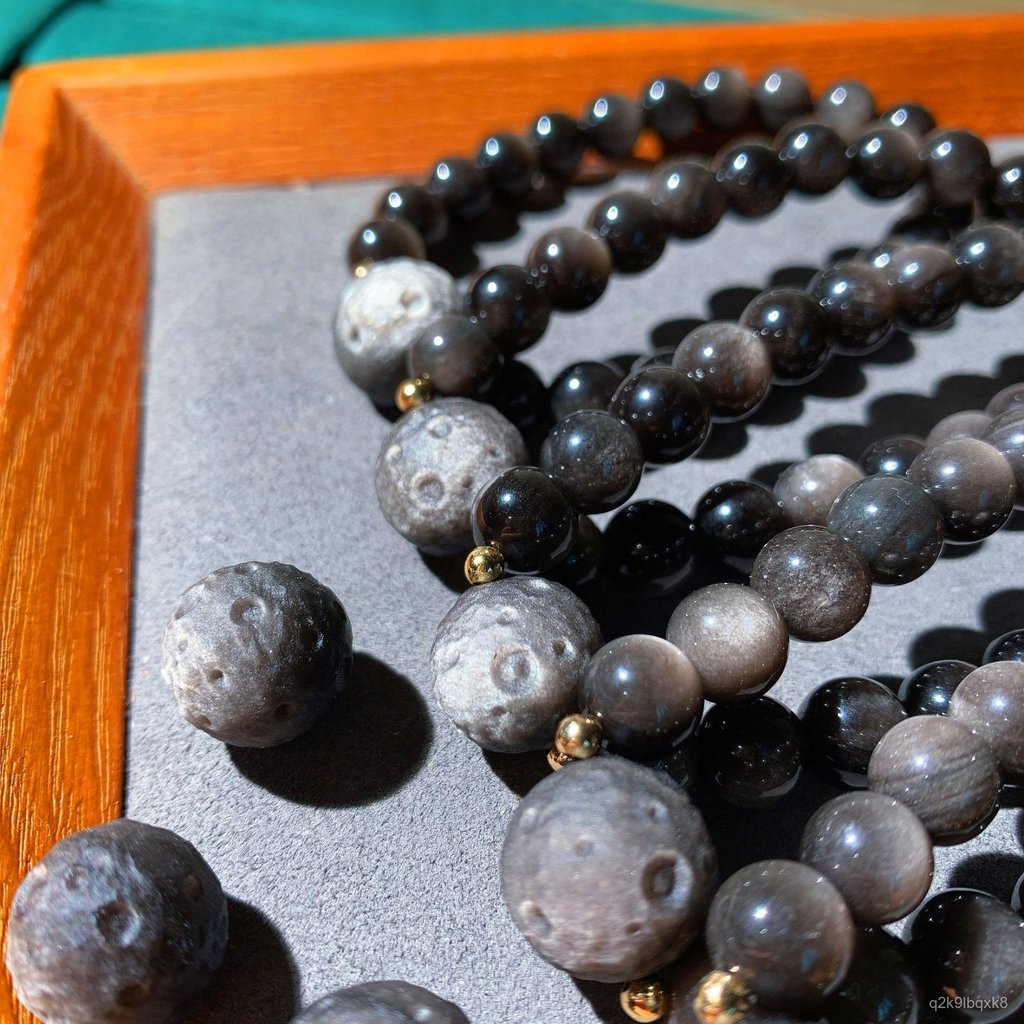 Hạt đá Obsidian bạc bán buôn Vòng tay hạt đá obsidian bạc phong cách hành tinh Phi hành gia Obsidian