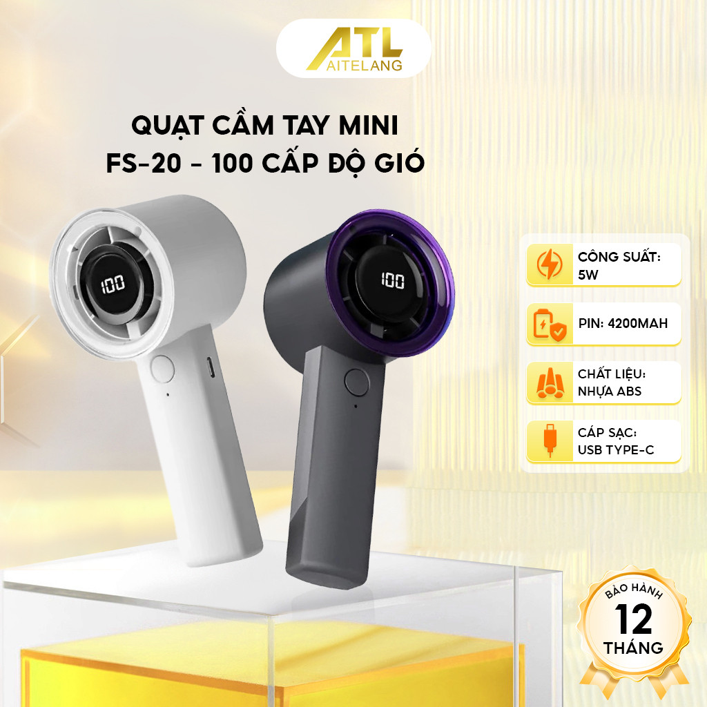Quạt cầm tay mini màn hình LED, quạt tích điện FS20 pin 4200mAh, mang đi du lịch, đi học, đi làm