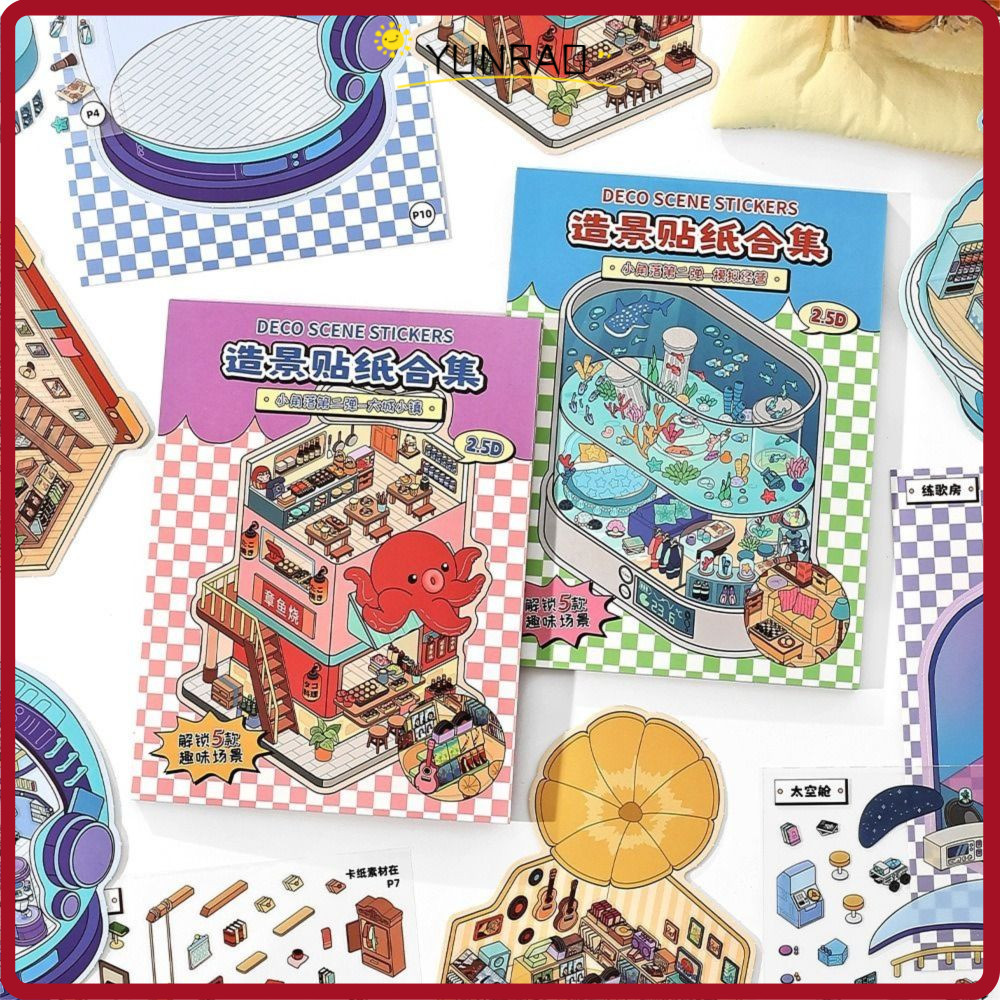 Bộ sưu tập cảnh thu nhỏ YUNRAO, Phim hoạt hình DIY Phong cảnh Sticker Book, PET Visual Stacking Pock