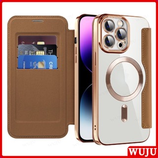  WUJU ốp lưng iphone Chủ thẻ Da lật Sạc không dây từ tính Trong ốp cho iPhone 17 11 12 13 14 15 16 Pro Max Air 