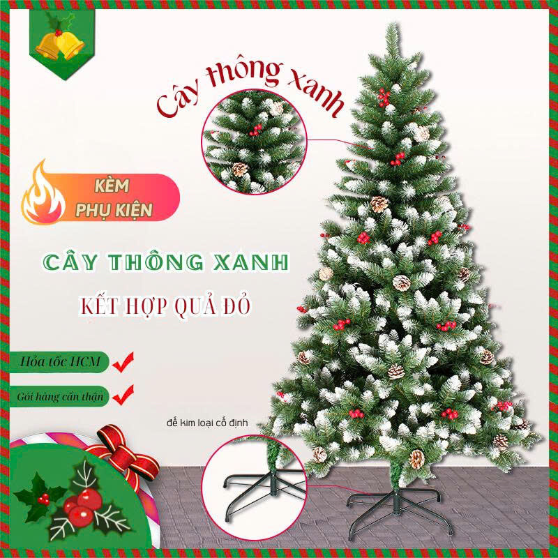 Cây Thông Noel Xanh M.MHOUSE, Cao 1.5–2.1m, Full Đồ Treo, Thảm Kèm Theo