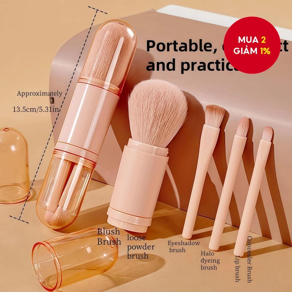 Bàn chải trang điểm có thể thu vào 4 trong 1 có nắp, Bàn chải phấn và phấn Mini đa chức năng dành ch