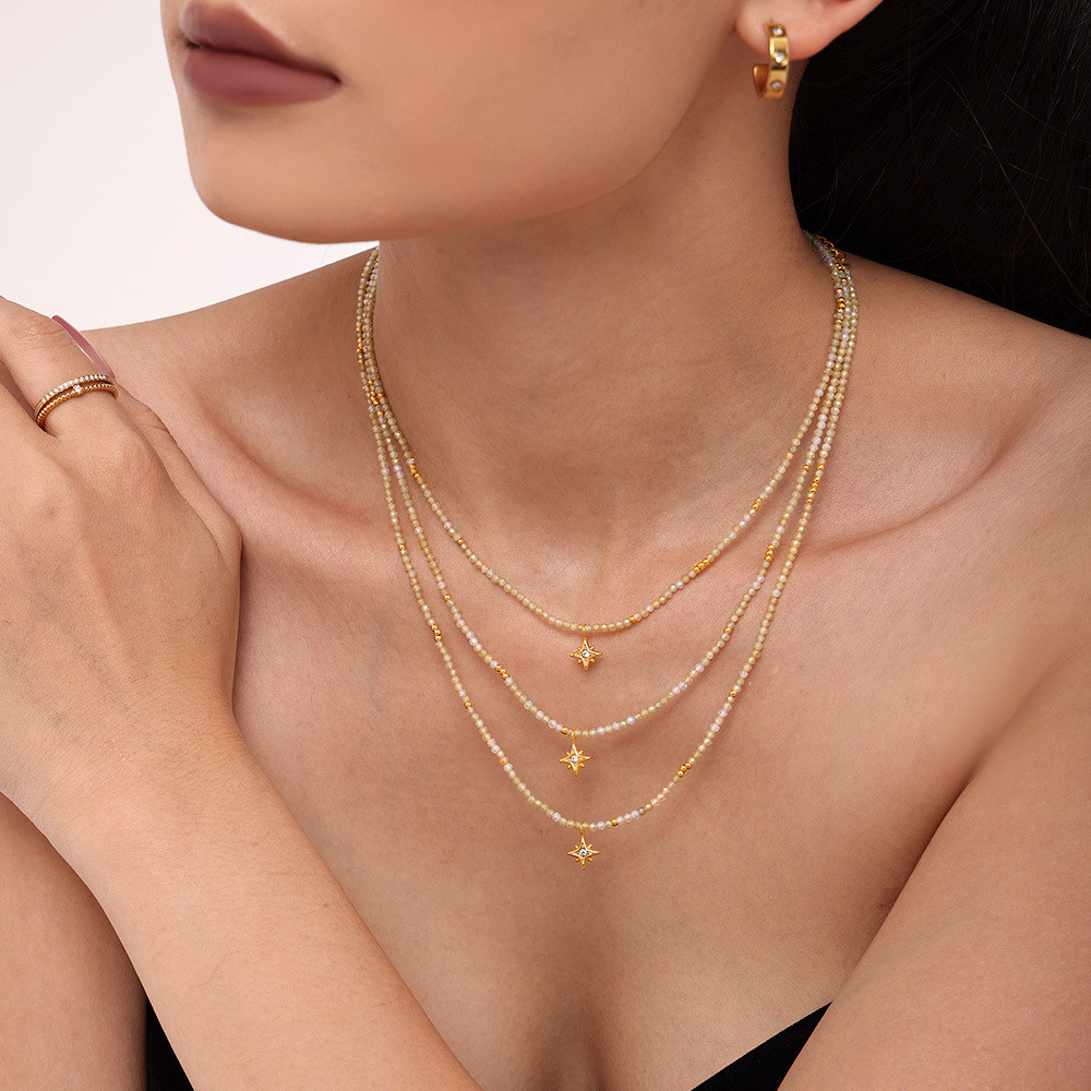 Stainless Steel Eight Awn Star Shining Zircon Pendant Natural Stone Clavicle Necklace Elegant Gracef