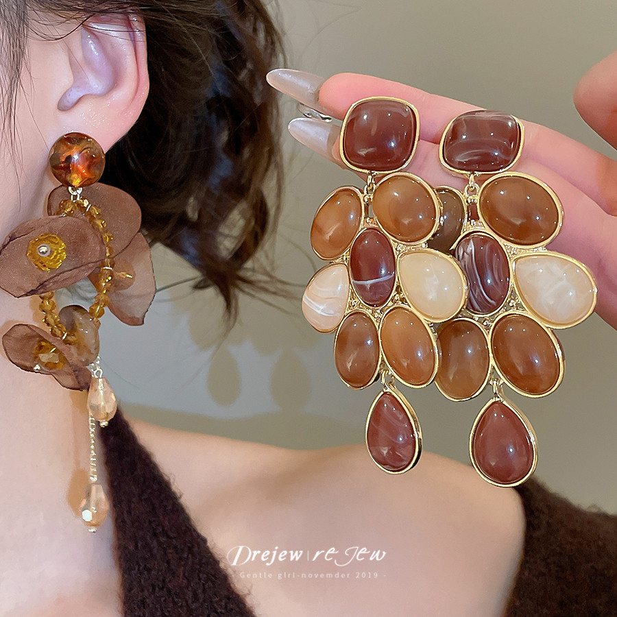 Bộ bông tai nhựa & vải style boho earth-tone cho nữ, đính cườm và chi tiết danggle