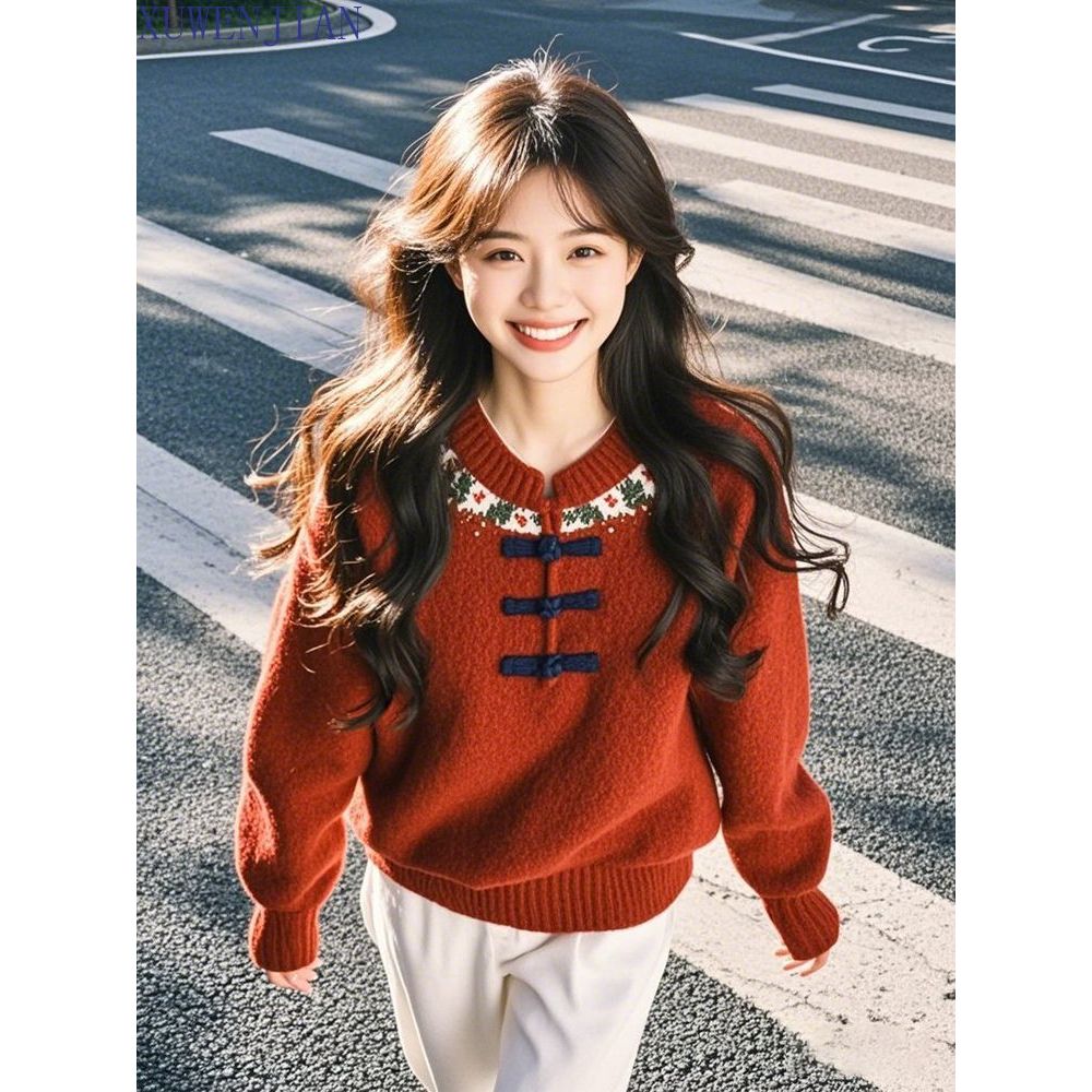 Xu Wen Jian Khóa Áo Len Nữ Mới 2024, Màu Đỏ, Thiết Kế Dopamine Trendy