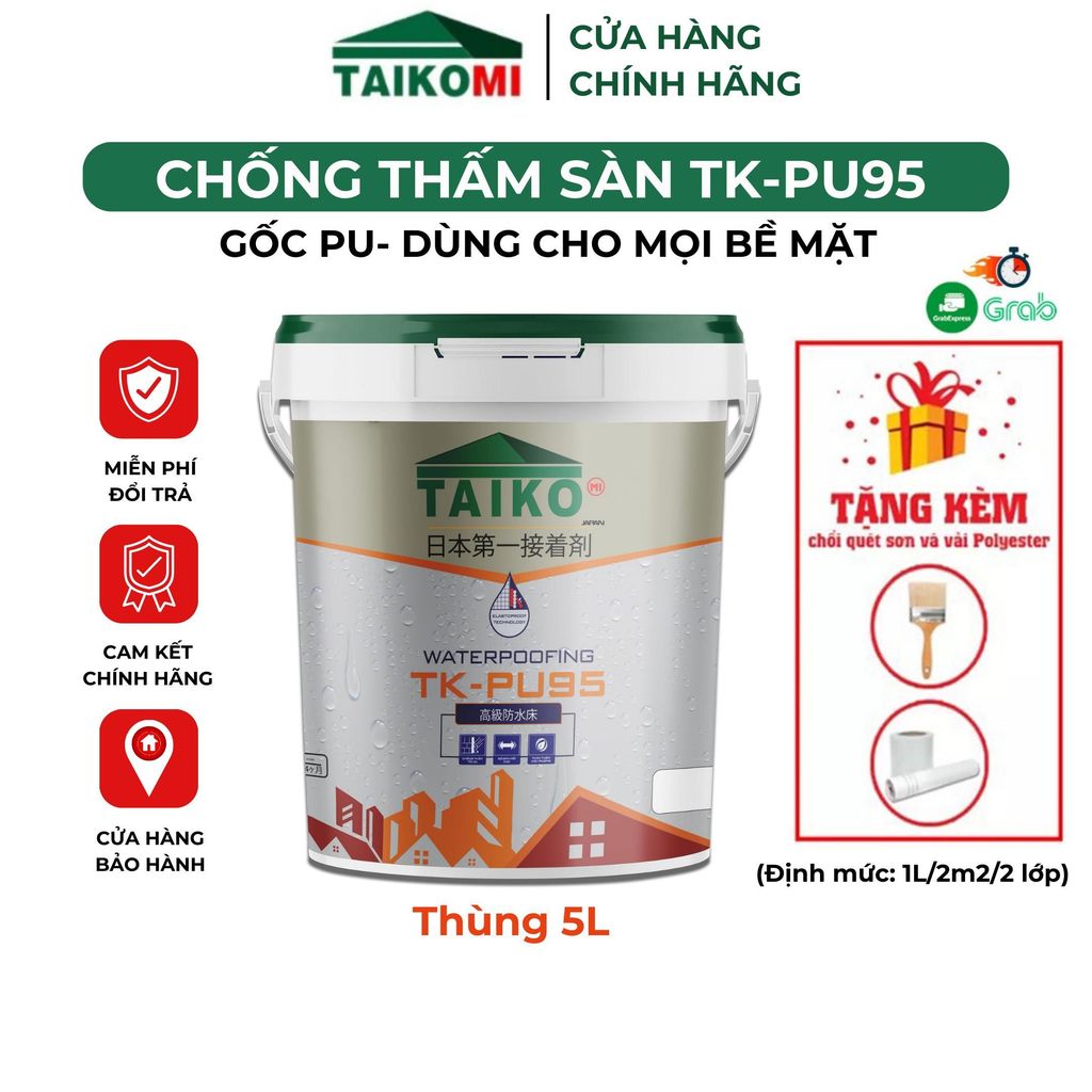 TAIKO PU95 [5L] Sơn Chống Thấm Đa Năng Gốc PU Dùng Cho Mọi Bề Mặt- Bảo Hành 24 Tháng - Tặng Chổi + V