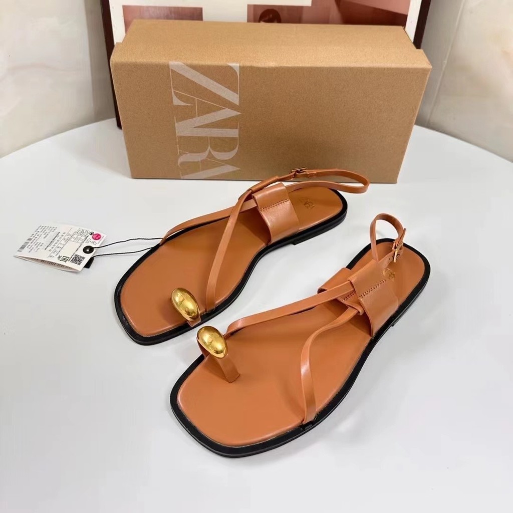 ZARA 2025 Flat Shoes Summer New Brown Square Toe Cross Casual Outdoor Flat Sandals Shoes