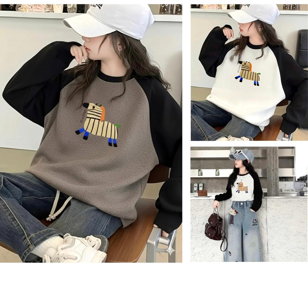 (12-50kg) Áo nỉ nhung phối tay đen, bé gái rất thích in hoạt hình (mã A03N) áo nỉ cho bé gái 2025