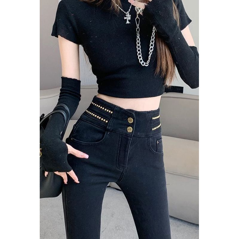 Cao Cấp Skinny Jean Nữ Thu Đông Lót Lông Cừu Co Dãn