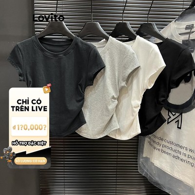 (LIVE STREAM SALE) Áo thun Lovito Phong cách thường ngày trơn xếp nếp phong cách cho nữ LNE35228 (xám nhạt/xám đậm/trắng/đen)