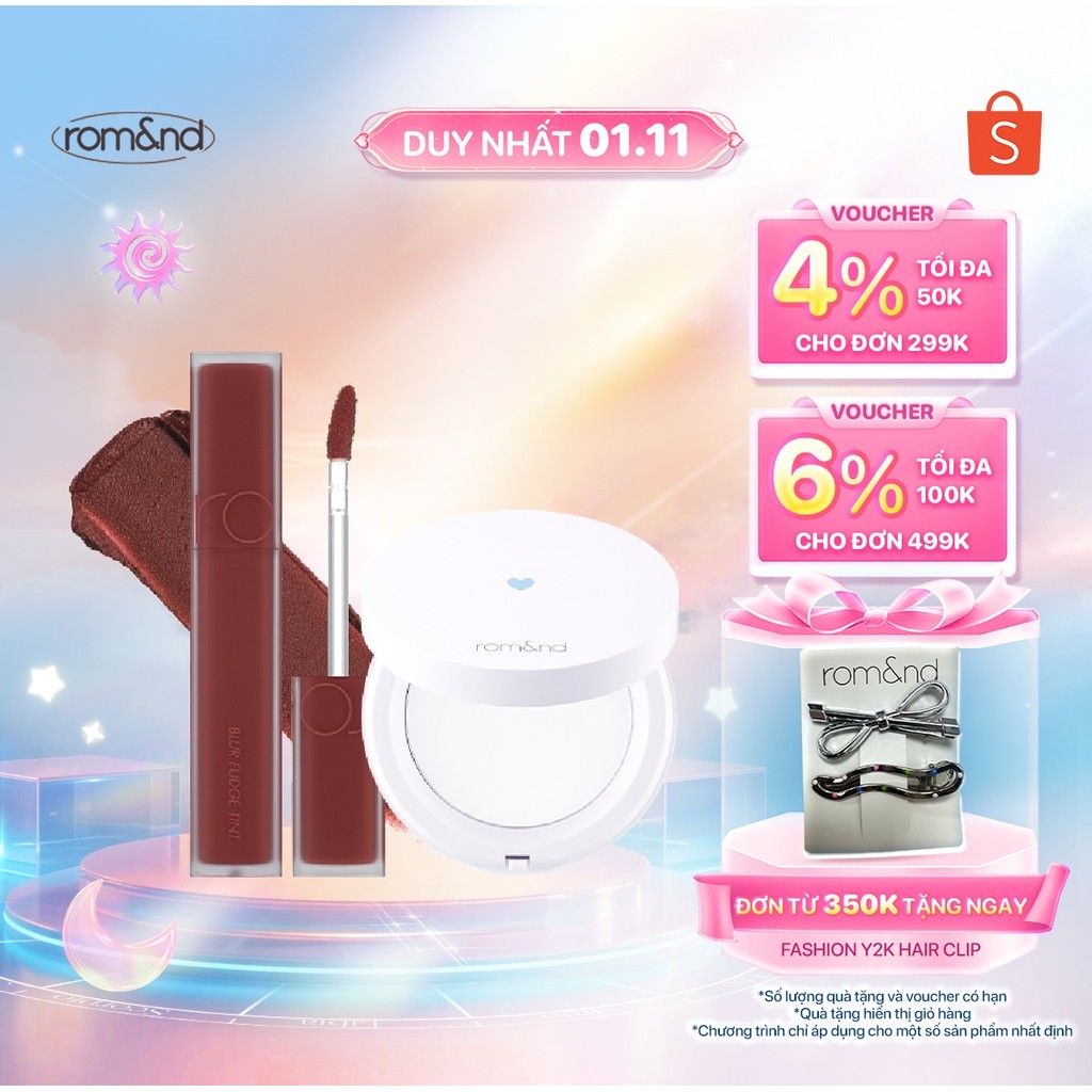 Combo Phấn phủ dạng nén Romand Better Than Finish 12g + Son kem siêu lì Romand Blur Fudge Tint 5g