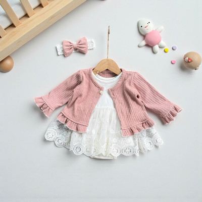 Set Body Váy Ren Kèm Khoác Hồng Thu Đông Cho Bé Gái Sơ Sinh 1 2 Tuổi MINTSCLOSET - BV7218