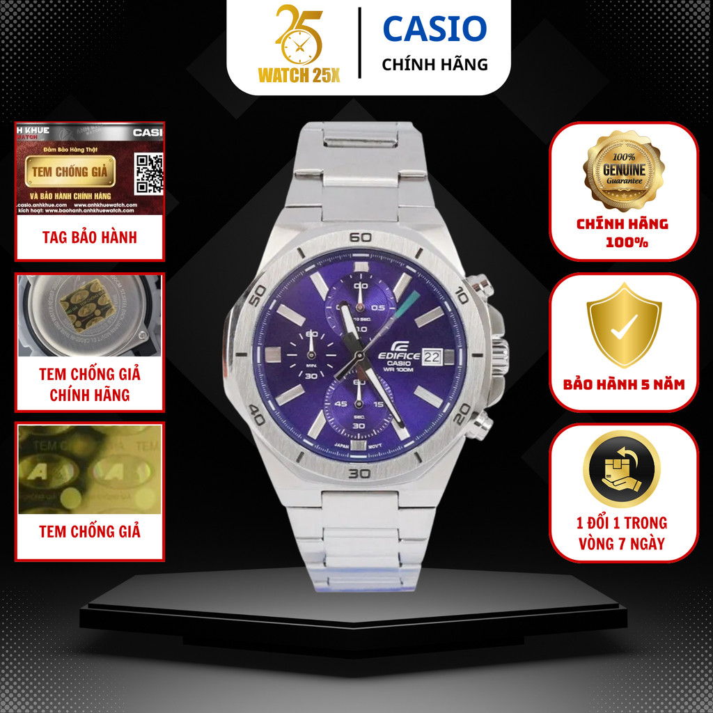Đồng Hồ Nam Casio EFV-640D-2AVUDF Watch25x – Mặt Xanh Đậm Thời Thượng, Dây Kim Loại Bạc Sang Trọng.
