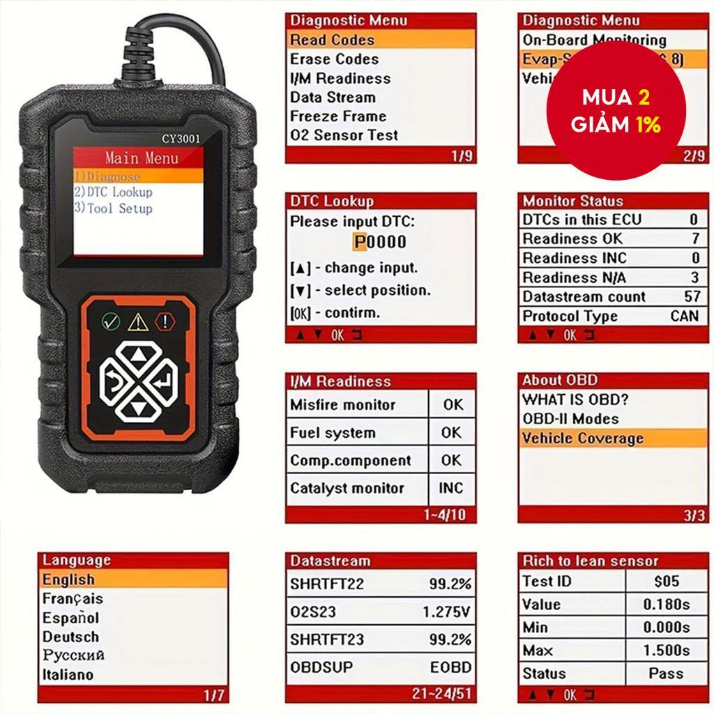 Thiết bị quét lỗi động cơ ô tô Trendlab CY3001 OBD II đa năng, hỗ trợ đọc và xóa mã lỗi C0DES trên c