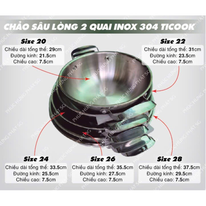Chảo Sâu Lòng Inox 304 Ba Lớp Đáy Từ Ticook, Chảo 2 Quai Siêu Bền An Toàn Sức Khỏe, 20-22-24cm