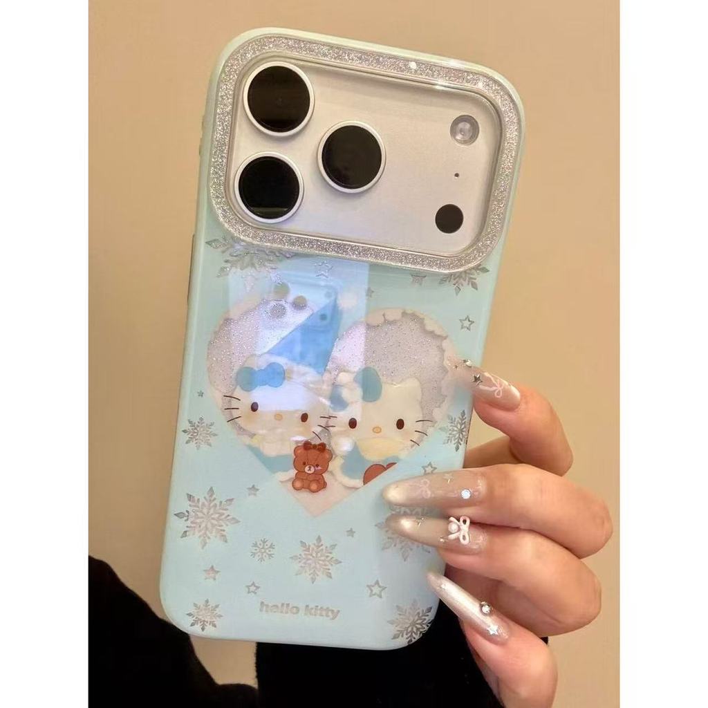 Nhỏ Tươi Đáy Xanh Bông Tuyết Rỗng Tình Yêu Mèo Thích Hợp Cho ihone17promax16pro Ốp Điện Thoại 15