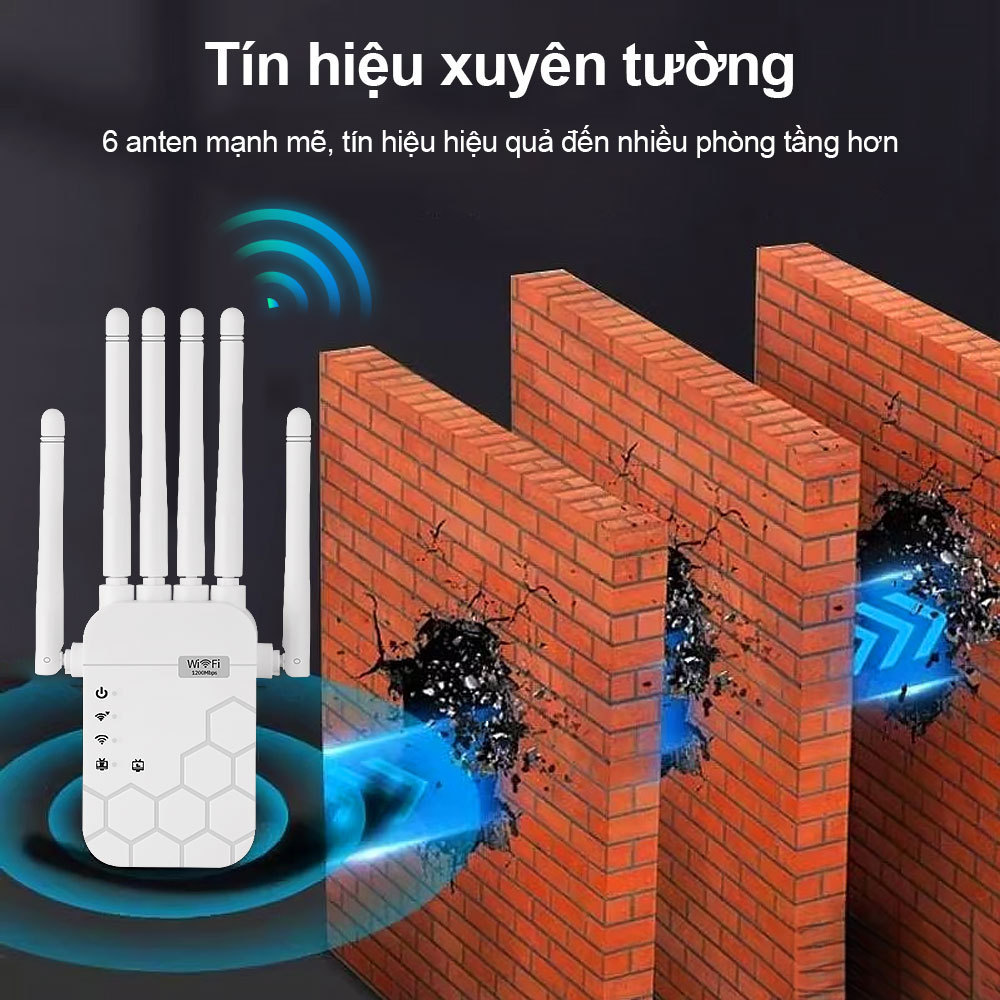 mới  Kích wifi 6 râu 5G công suất 1200Mbps 2.4G 300Mbps Mở rộng sóng router phát wifi xuyên tường mạ