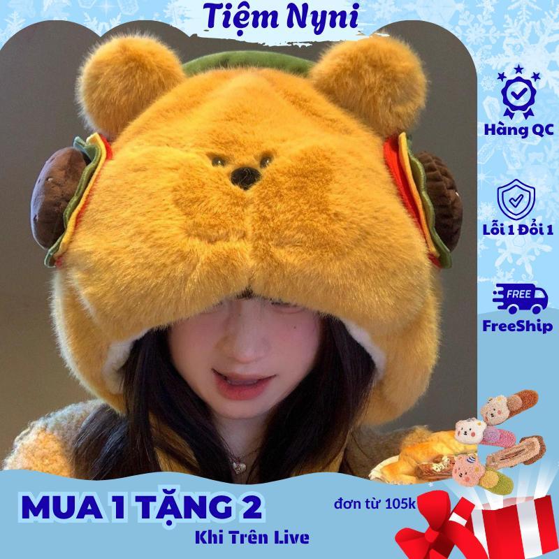 Mũ gấu lông Burger đeo humberger, mũ gấu vàng hoạ tiết dễ thương ấm áp