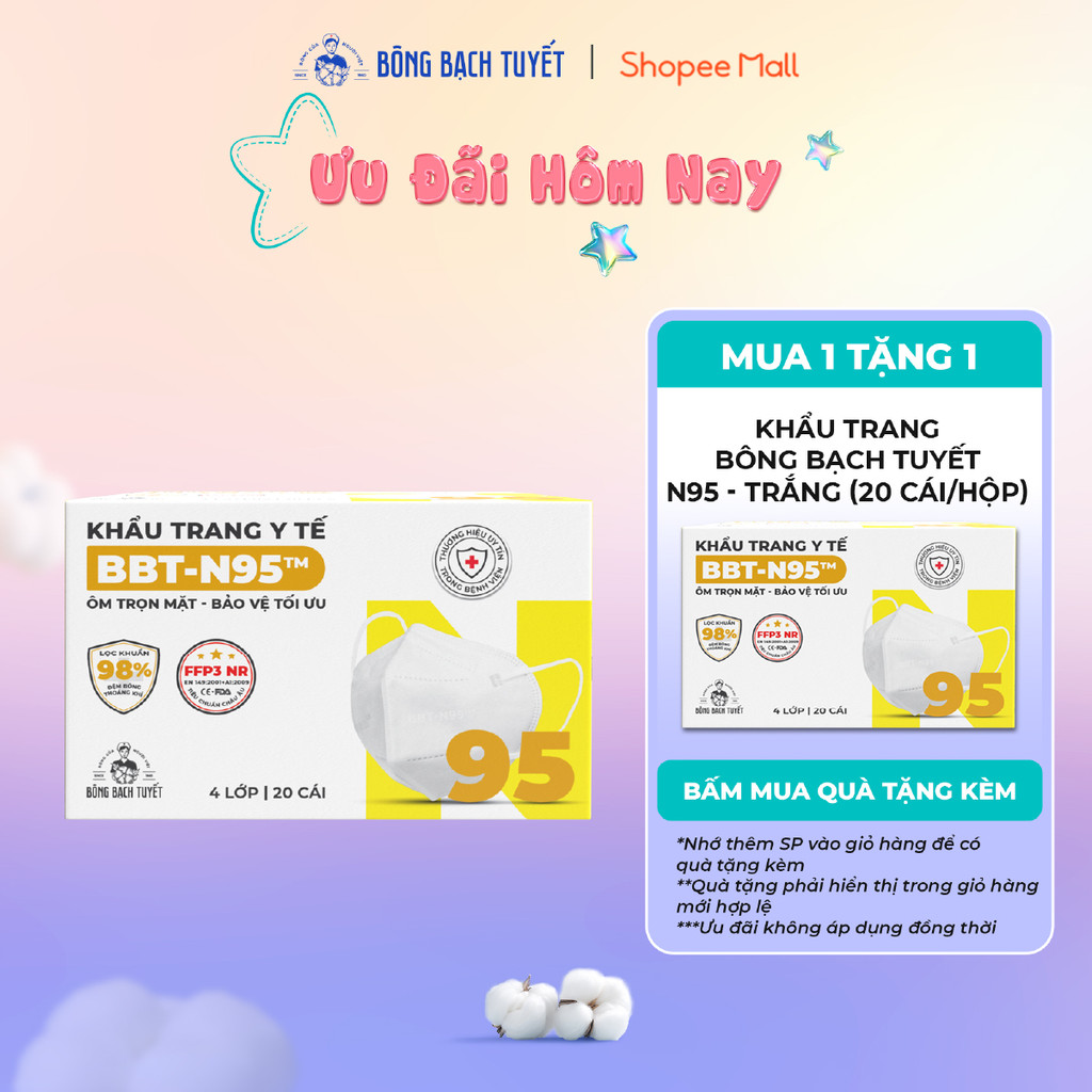 [HSD: 2027] Khẩu Trang Bông Bạch Tuyết N95 - Trắng (20 cái/hộp)