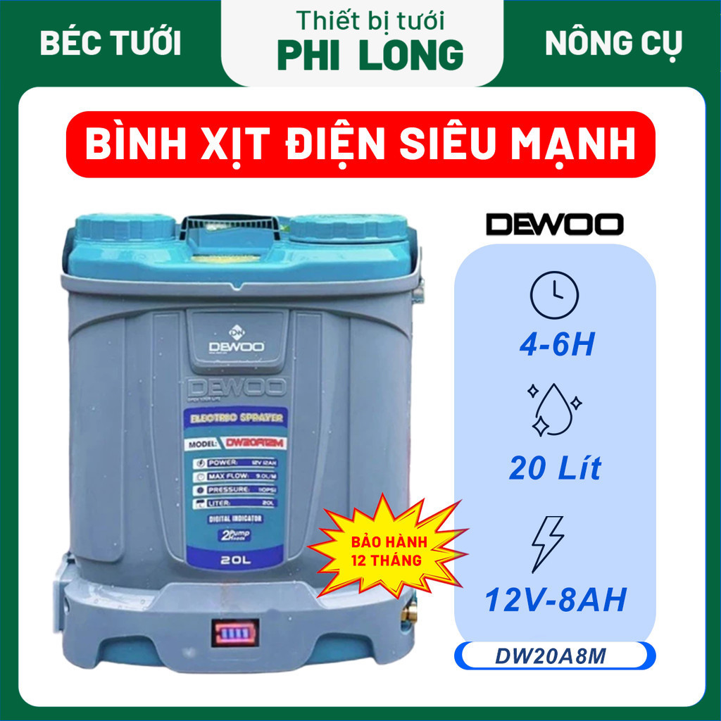 Bình xịt điện DEWOO DW20A8M, bình xịt thuốc 1 bơm và 2 bơm, có đảo thuốc, bơm mạnh, phun sương đều -