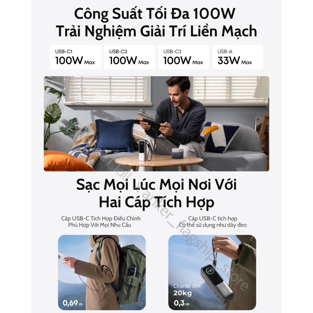 [TặngQuạtMini] Sạc dự phòng ANKER Zolo 25kmAh | Công suất 165W | Tích hợp 2 cáp USB-C rút gọn | Có màn hình - A1695 | BigBuy360 - bigbuy360.vn