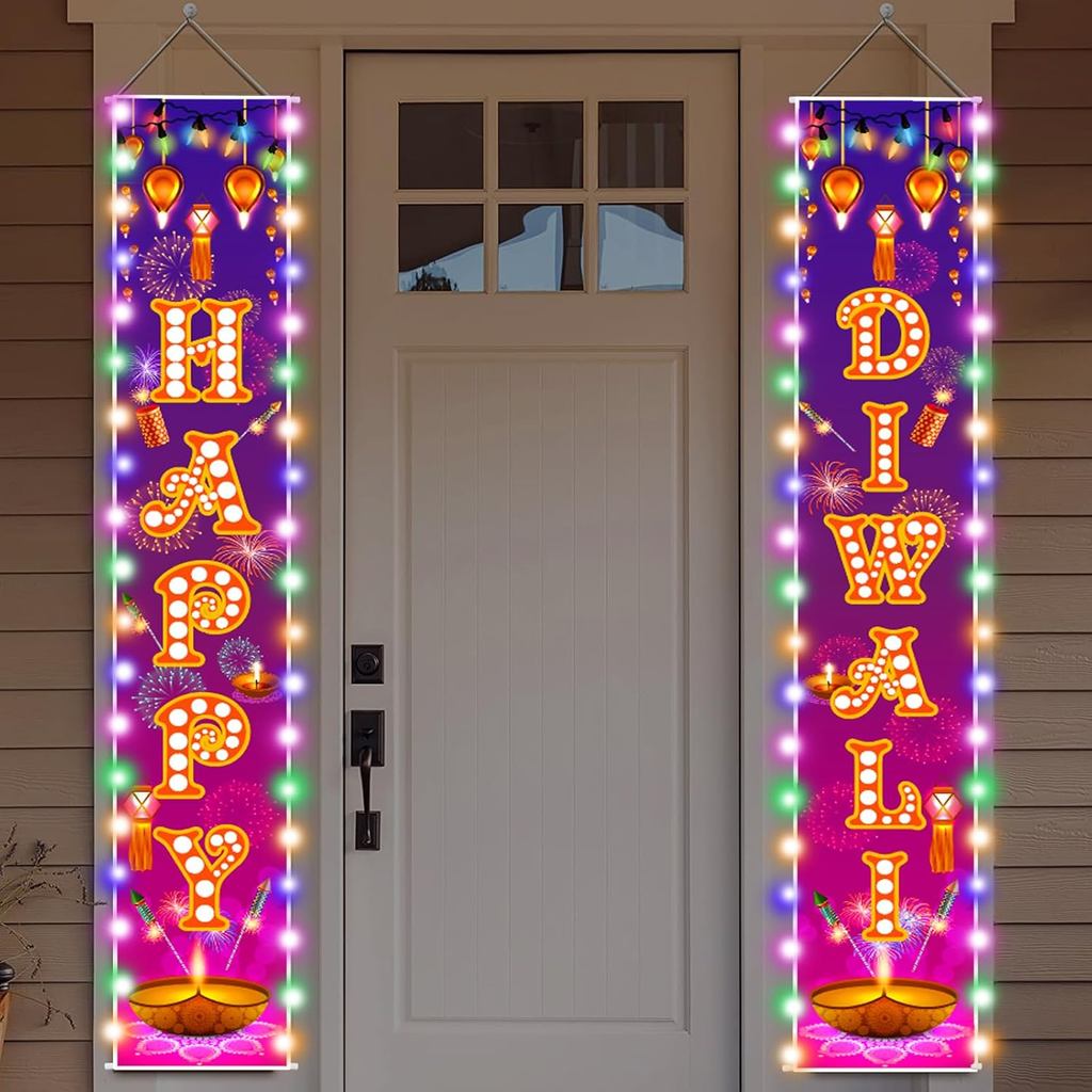 Happy Diwali Porch Biểu ngữ với ánh sáng Đồ trang trí Diwali Dấu hiệu chào mừng cho hiên nhà và tườn