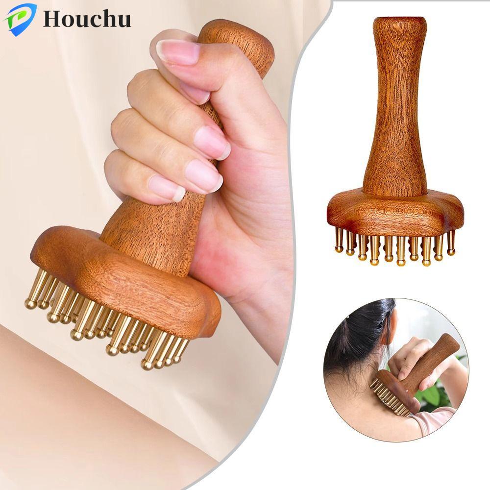 HOUCHU Brass Gua Sha Massage Dụng Cụ, Đầu Đồng 24 Răng Bàn Chải Massage Gỗ, Tay Cầm Bằng Gỗ Chắc Chắ