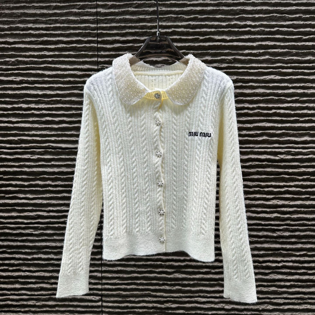 MIUMIU Autumn and Winter New Style Collar Heavy Knitted Cardigan Fashion Versatile