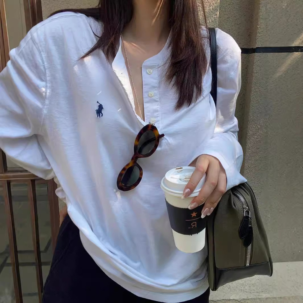 RalphLaur** Vintage Style Pony Horse Embroidered Button Henley Shirt Long Sleeve T Women's Autumn Ba