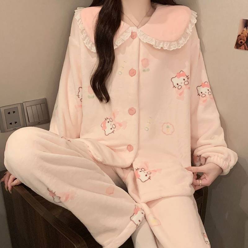 Women's Coral Fleece Thickened Fleece-Lined Pajamas Internet Celebrity New Cartoon Sweet and Loose W